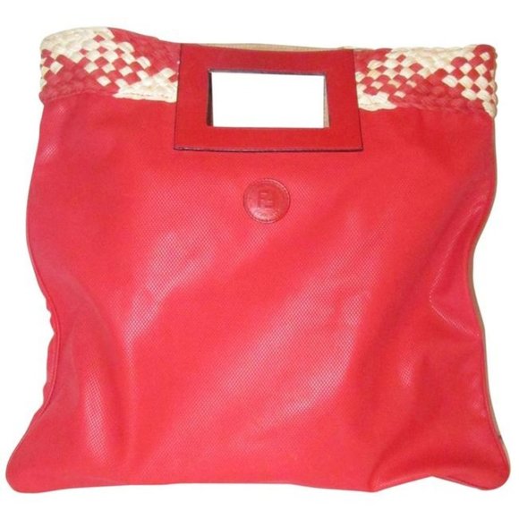 Fendi Clutch Textured Porthole Runway Trim Tomato Red Leather Ivory Woven Fabric - Picture 1 of 12